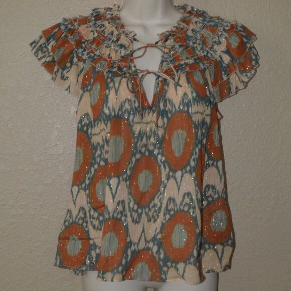 Sz 2 XS/S Ulla Johnson Reema Cream Blue Gold Metallic Gold Blouse - Picture 1 of 5